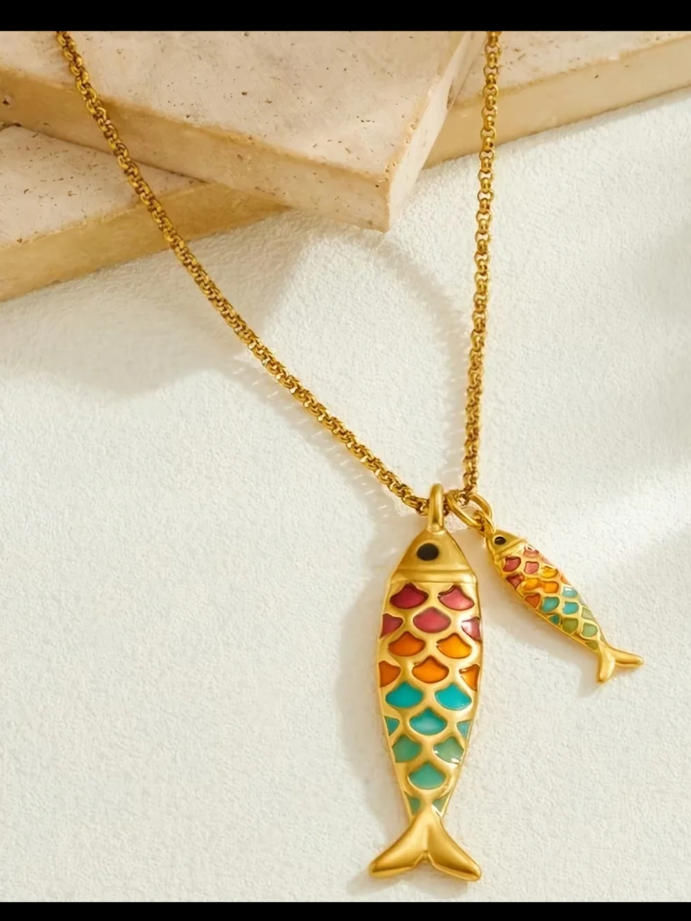 Gold-Tone Multicolor Double Fish Pendant Necklace 16
